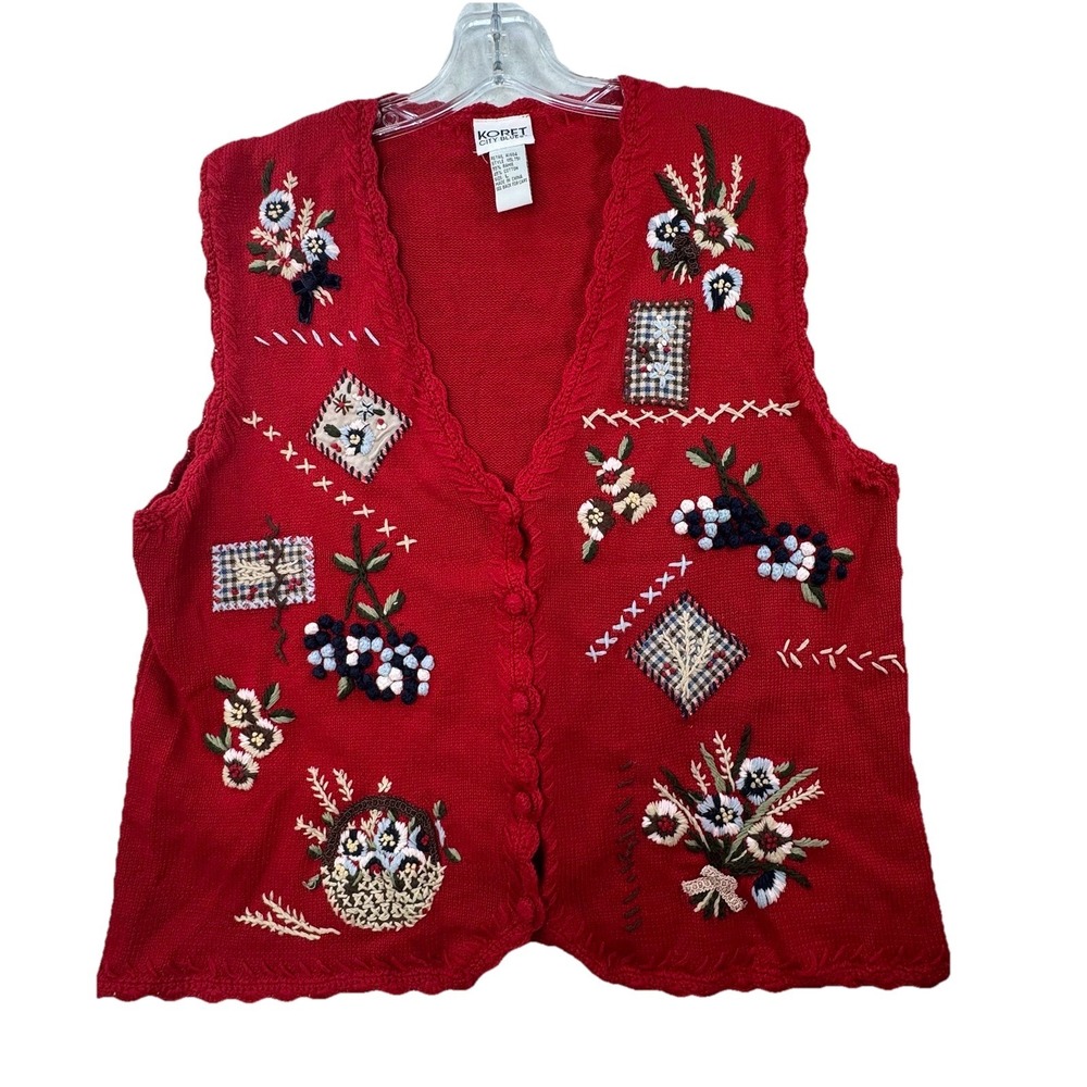 Vtg Koret City Blues Womens Sz l Sweater Vest Embroidered Floral Cottagecore